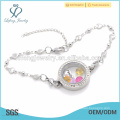 Moda de aço inoxidável Coração cadeia de jóias de pulseira locket flutuante, pulseira de cristal locket por atacado